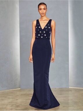 AMSALE Nia Crystal Embellished Dress Size 6 Navy BHLDN Gown